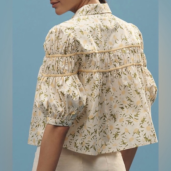 Maeve Anthropologie Leandra Top Yellow Green Floral Blouse Smocked Button Size S - Picture 2 of 8